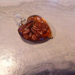 Murano glass heart pendent Gold and copper tons come with silver chain